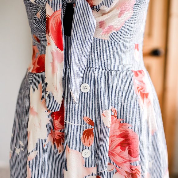 NWT FancyInn Blue Striped Pink Floral Front Cut Out Dress Size S Nautical Cotton - Picture 5 of 14